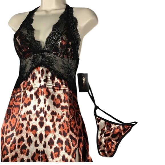 NWT Frederick's of Hollywood Rosalina Rose Cheetah Lace & Satin Gown Thong S - Picture 4 of 6